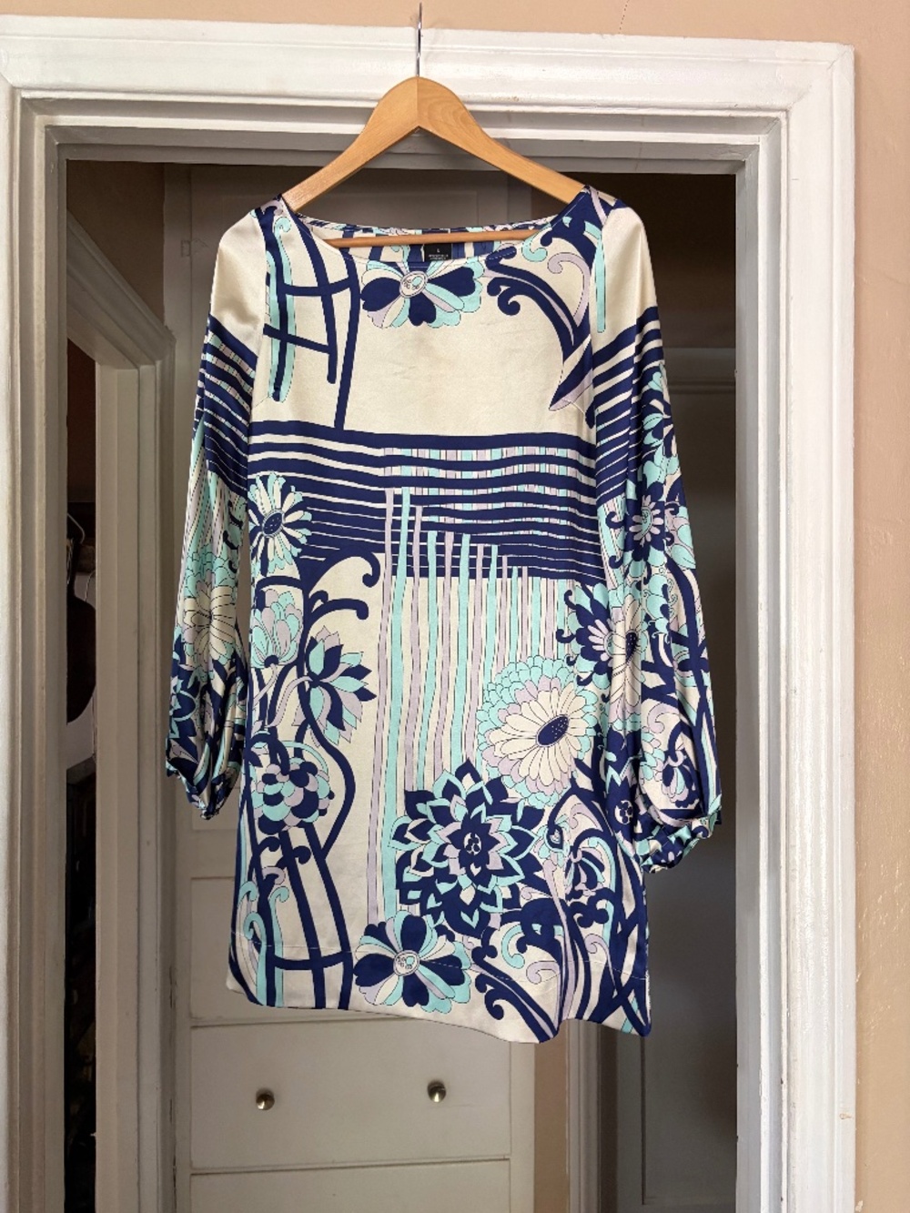 Hale Bob Paris Los Angeles Blue Floral Print Tunic Top Size Small 💙